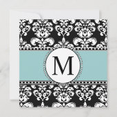 Black Damask Monogram Weditations Blue Einladung (Vorderseite)