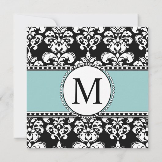 Black Damask Monogram Weditations Blue Einladung (Vorderseite)