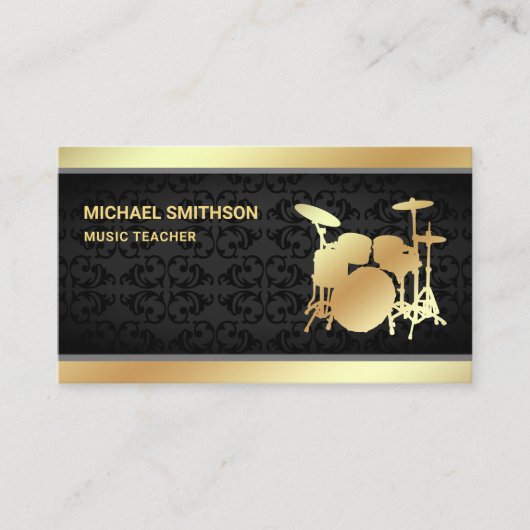 Black Damask Music Teacher Gold Drum Kit Drummer Visitenkarte (Vorderseite)