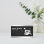 Black Damask Music Teacher Silver Drum Kit Drummer Visitenkarte (Stehend Vorderseite)