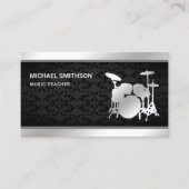 Black Damask Music Teacher Silver Drum Kit Drummer Visitenkarte (Vorderseite)