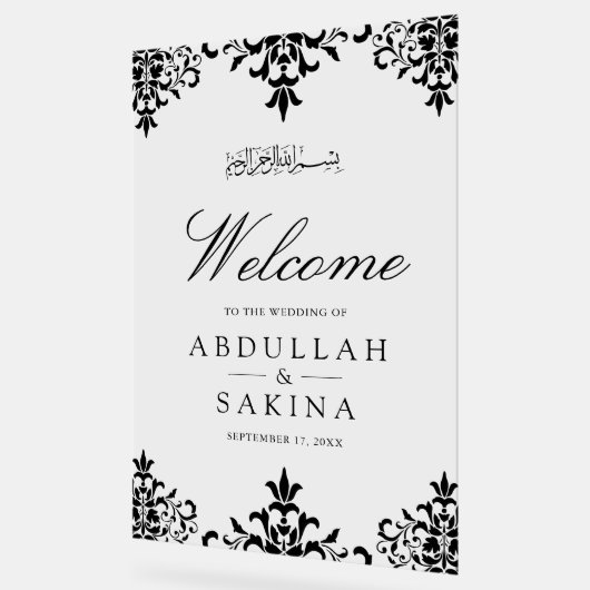Black Damask Muslim Wedding Welcome Acrylschild (Winkel)