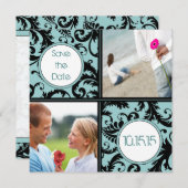 Black Damask on Aqua Wedding Save the Date (Vorne/Hinten)