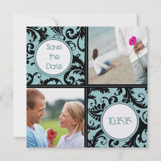 Black Damask on Aqua Wedding Save the Date (Vorderseite)