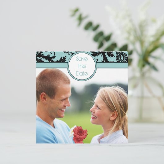 Black Damask on Aqua Wedding Save the Date Einladung (Stehend Vorderseite)