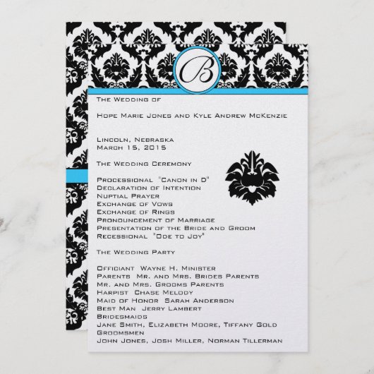 Black Damask on White Aqua Trim Wedding Program Programm (Vorne/Hinten)