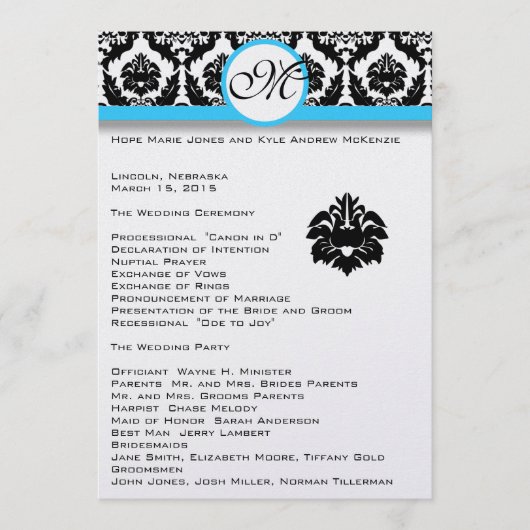 Black Damask on White Aqua Trim Wedding Program Programm (Vorderseite)