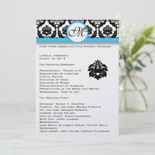 Black Damask on White Aqua Trim Wedding Program Programm (Stehend Vorderseite)