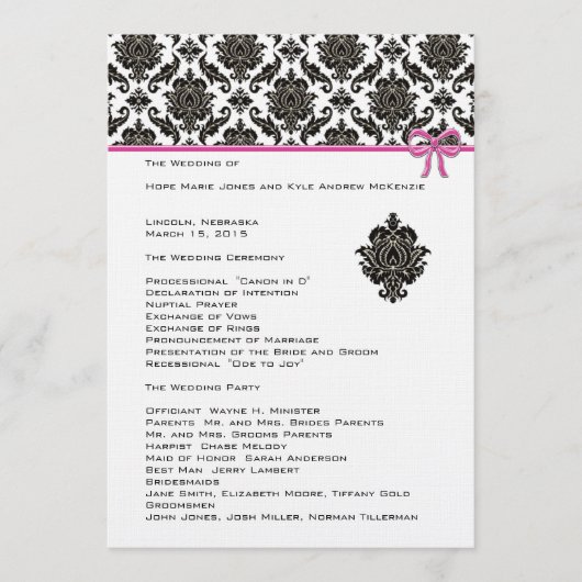 Black Damask on White Pink Trim Wedding Programm (Vorderseite)