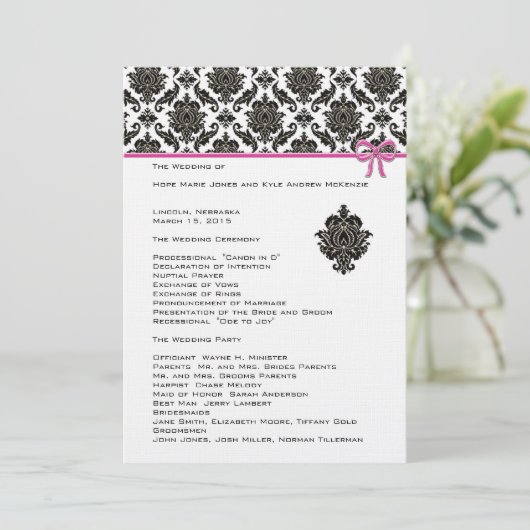 Black Damask on White Pink Trim Wedding Programm (Stehend Vorderseite)