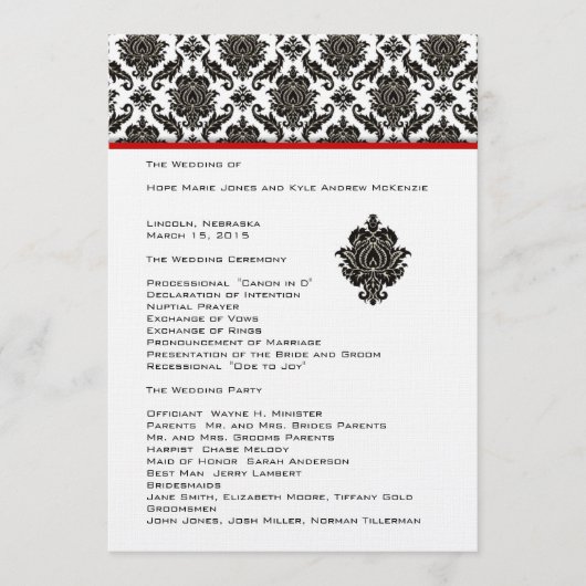 Black Damask on White Red Trim Wedding Program Programm (Vorderseite)