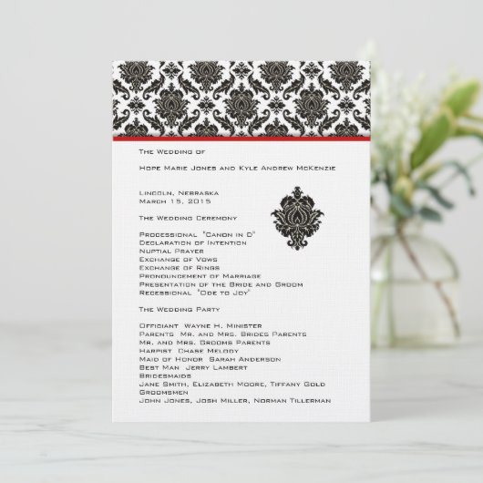 Black Damask on White Red Trim Wedding Program Programm (Stehend Vorderseite)