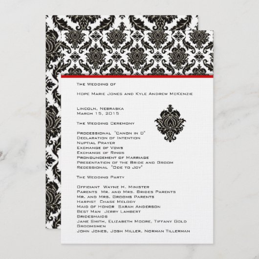 Black Damask on White Red Trim Wedding Program Programm (Vorne/Hinten)