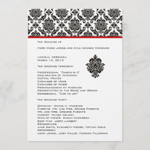 Black Damask on White Red Trim Wedding Program Programm