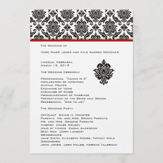 Black Damask on White Red Trim Wedding Program Programm (Rückseite)