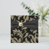 Black Damask Party Einladung in Gold, Schwarze Kra (Stehend Vorderseite)