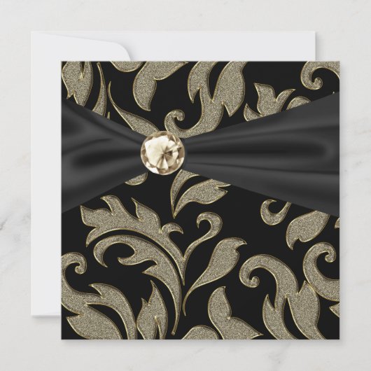 Black Damask Party Einladung in Gold, Schwarze Kra (Vorderseite)