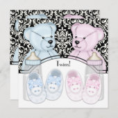 Black Damask Pink Blue Teddy Bear Twin Baby Dusche Einladung (Vorne/Hinten)