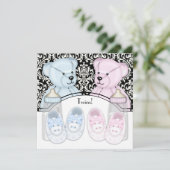 Black Damask Pink Blue Teddy Bear Twin Baby Dusche Einladung (Stehend Vorderseite)