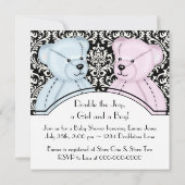 Black Damask Pink Blue Teddy Bear Twin Baby Dusche Einladung (Rückseite)