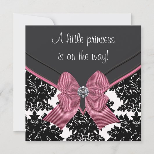 Black Damask Pink Bow Princess Baby Dusche Einladung (Vorderseite)