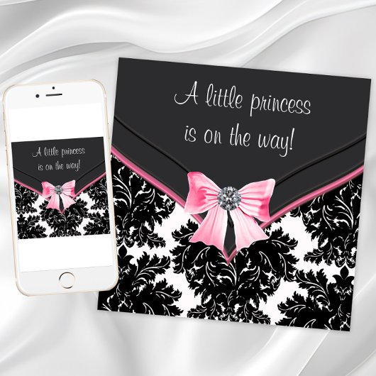 Black Damask Pink Bow Princess Baby Dusche Einladung