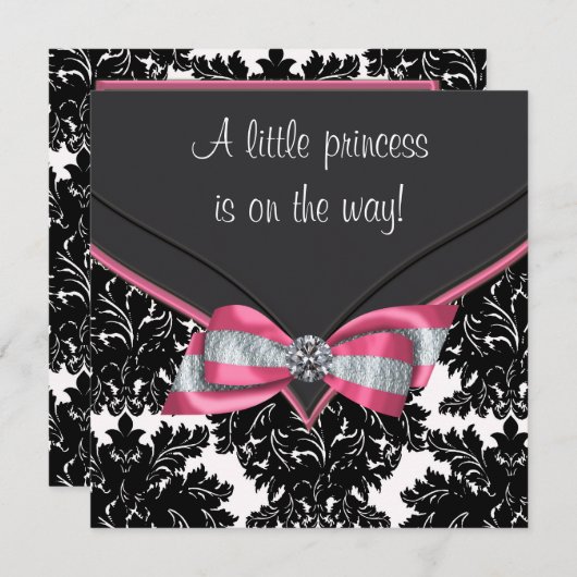 Black Damask Pink Bow Princess Baby Dusche Einladung (Vorne/Hinten)