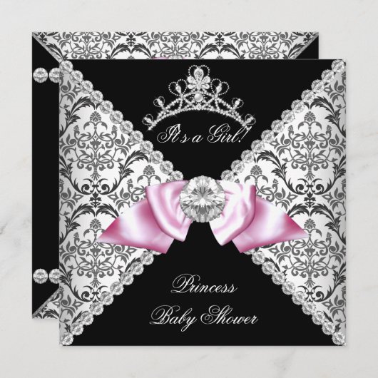 Black Damask Pink Bow Princess Baby Dusche Rosa Einladung (Vorne/Hinten)
