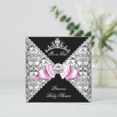 Black Damask Pink Bow Princess Baby Dusche Rosa Einladung (Stehend Vorderseite)