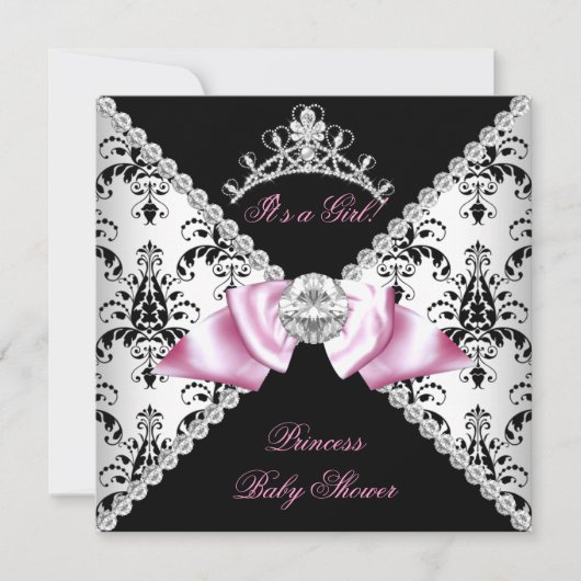 Black Damask Pink Bow Princess Babydusche Diamond Einladung (Vorderseite)