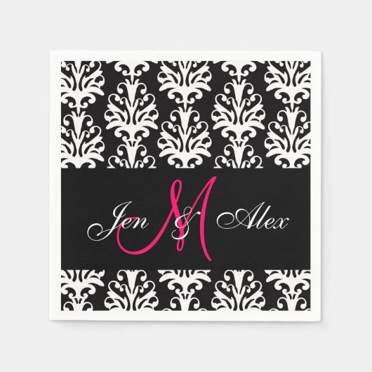 Black Damask Pink Monogram Wedding Paper Napkins Serviette (Vorderseite)