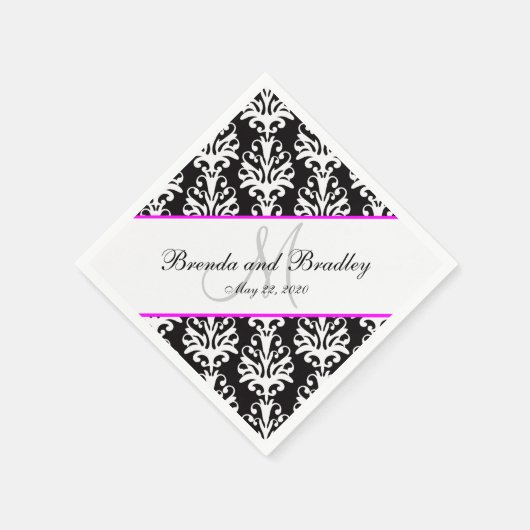 Black Damask Pink Monogram Wedding Paper Napkins Serviette (Ecke)