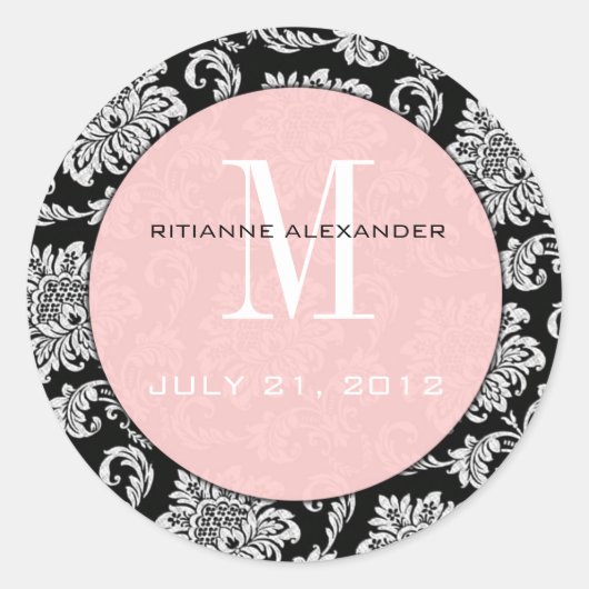 Black Damask Pink Monogram Wedding Sticker (Vorderseite)