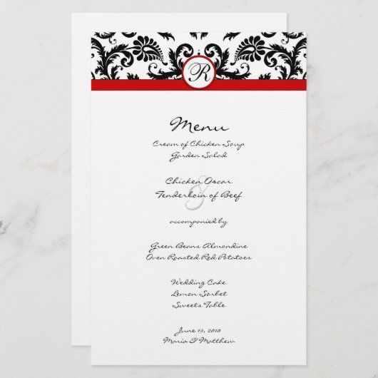 Black Damask Red Trim Wedding Menu (Vorne/Hinten)