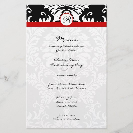 Black Damask Red Trim Wedding Menu (Vorderseite)