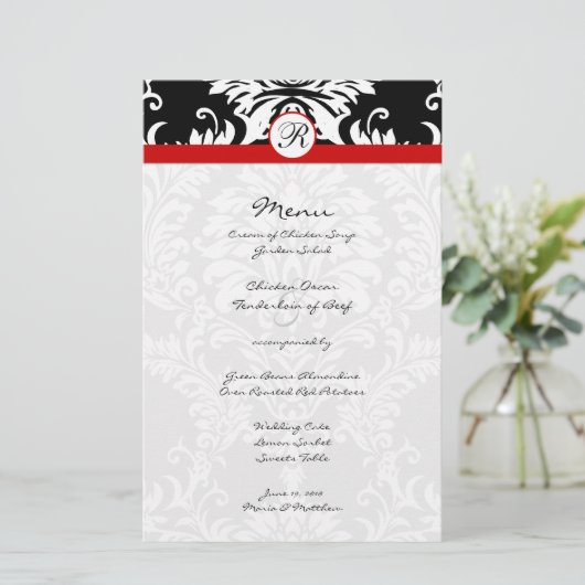 Black Damask Red Trim Wedding Menu (Stehend Vorderseite)