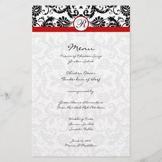 Black Damask Red Trim Wedding Menu (Vorderseite)