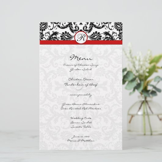 Black Damask Red Trim Wedding Menu (Stehend Vorderseite)