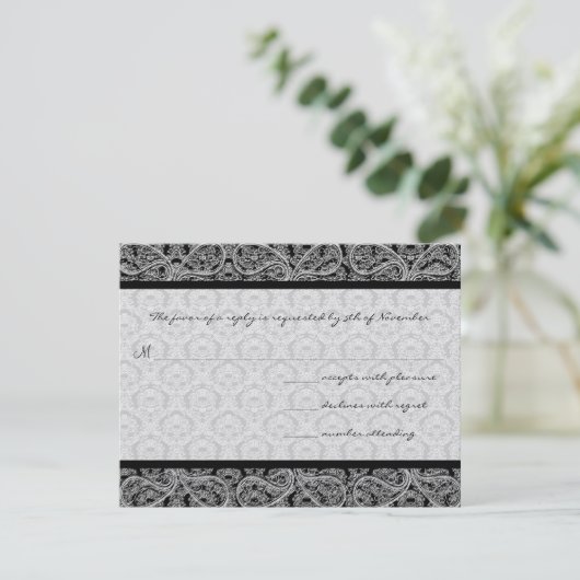 Black Damask Response Card- RSVP Karte (Stehend Vorderseite)