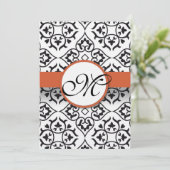 Black Damask Side Borders Orange Red Trim Wedding Einladung (Stehend Vorderseite)