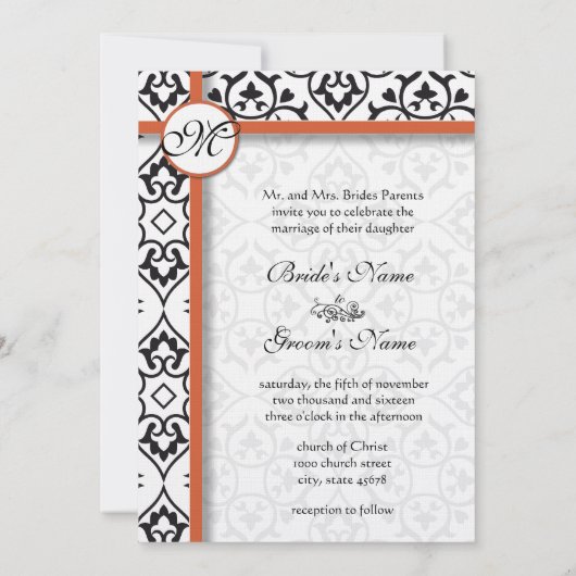 Black Damask Side Borders Orange Red Trim Wedding Einladung (Rückseite)