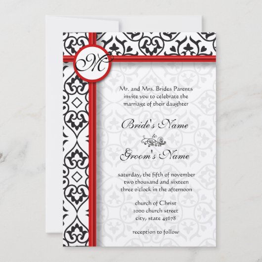 Black Damask Side Borders Red Trim Wedding Einladung (Rückseite)