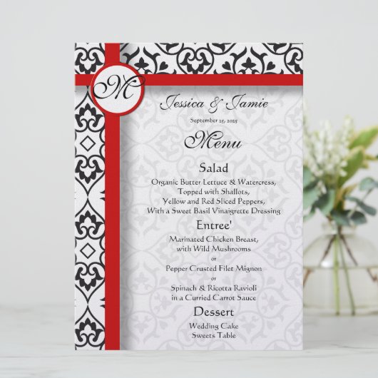 Black Damask Side Borders Red Trim Wedding Menu Menükarte (Stehend Vorderseite)