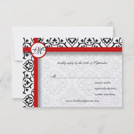 Black Damask Side Borders Red Trim Wedding RSVP Karte (Vorderseite)