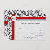 Black Damask Side Borders Red Trim Wedding RSVP Karte (Vorne/Hinten)
