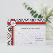Black Damask Side Borders Red Trim Wedding RSVP Karte (Stehend Vorderseite)