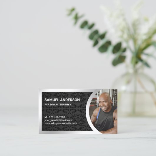 Black Damask Silver Fitness Personal Trainer Foto Visitenkarte (Stehend Vorderseite)