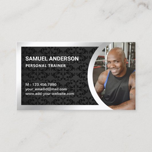Black Damask Silver Fitness Personal Trainer Foto Visitenkarte (Vorderseite)
