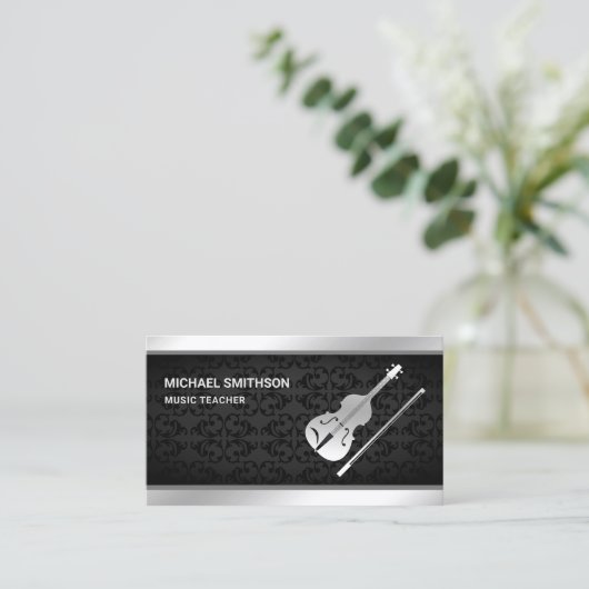 Black Damask Silver Violin Music Teacher Violinist Visitenkarte (Stehend Vorderseite)