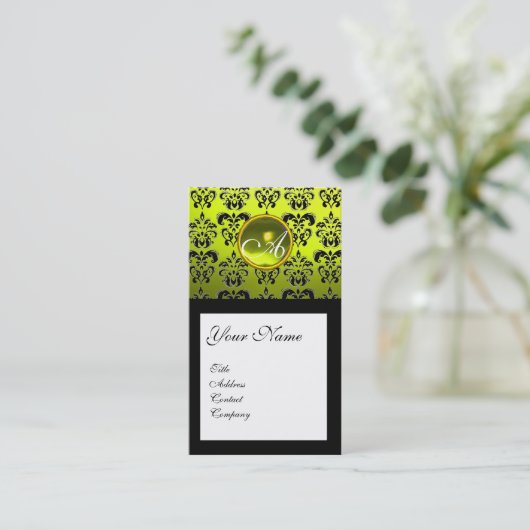 BLACK DAMASK SQUARE YELLOW GEMSTONE MONOGRAMM VISITENKARTE (Stehend Vorderseite)